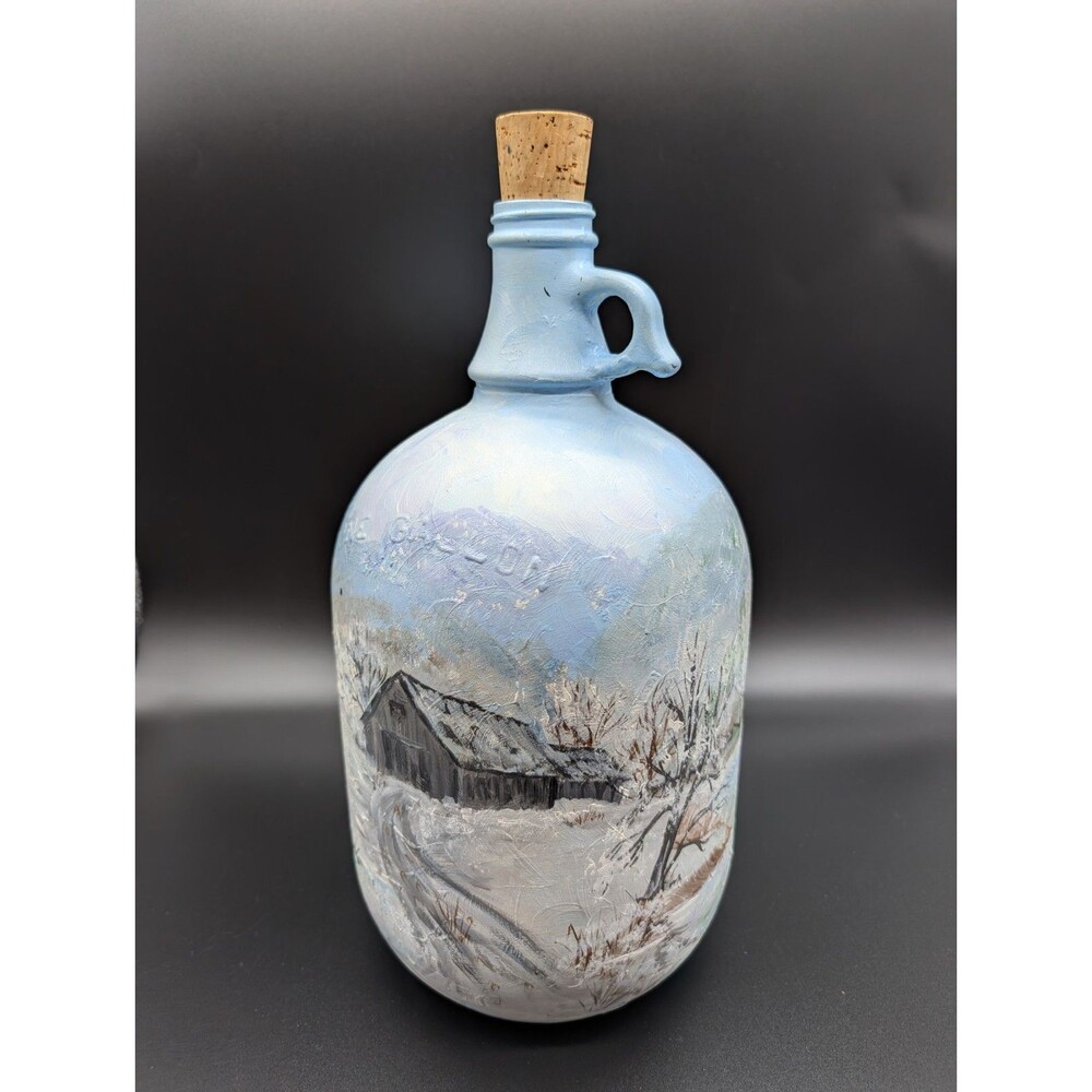 Vintage Hand Painted Glass Gallon Jug SIGNED Covered Bridge Lake Winter Scene